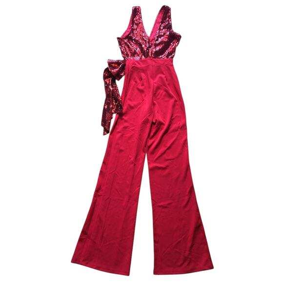 Fashion Nova Party Goer Red Sequin Side Bow Wide Leg Jumpsuit Small - Picture 6 of 8